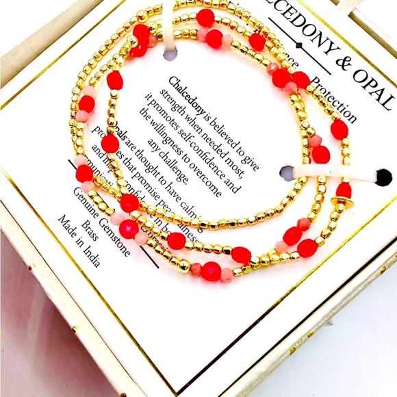 Shivam Chalcedony & Opal Red and Gold Beaded Brass Bracelets - Picture 3 of 7